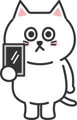 White cartoon cat taking a selfie with a smartphone or digital tablet, vector illustration.