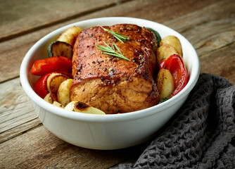 whole roast pork and vegetables