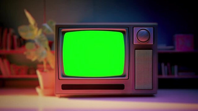 Retro 1990s tv, vintage television with a glitches, noise, interference, green screen in a laboratory.