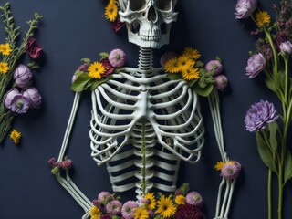 Human Skeleton decorated with flowers. Generative AI
