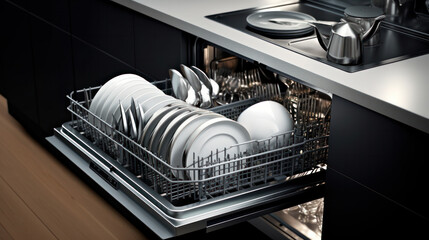 Open dishwasher with clean dishes in kitchen