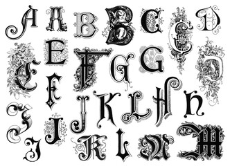 romantic retro alphabet, ornate caps / initials with authentic letterpress print texture isolated over transparency, ideal for wedding stationery, letterheads, book chapter layouts or collage art © Anja Kaiser