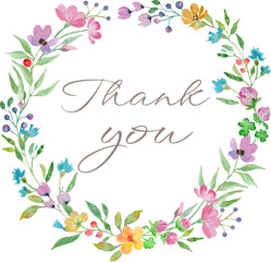 Fototapeta na wymiar Watercolor floral thank you card. Hand drawn illustration on white background. Vector EPS.