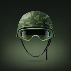 Vector 3d Realistic Military Helmet with Protect Glasses Icon Set Closeup. Helmet, Army Symbol of Defense and Protect. Soldier Helmet Design Template