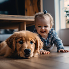 Happy child  with dog