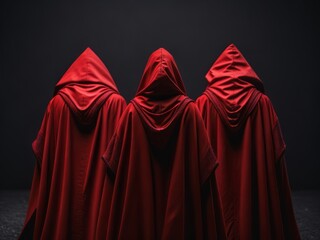 Several red hooded figures in a dark background. Generative AI
