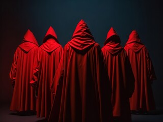 Several red hooded figures in a dark background. Generative AI
