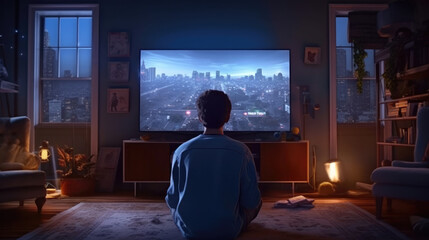 A happy young man playing gaming console at home