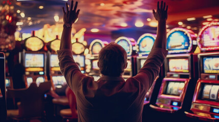Fototapeta na wymiar A man rejoices at winning on a slot machine at the casino, raising his hands happily