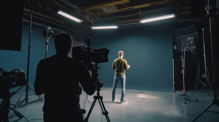 A Cameraman shooting, filming process in the studio film set