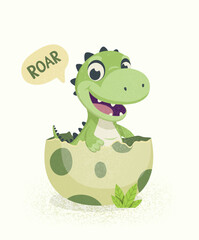 Obraz premium Little Dino. Hatched Little Dinosaur Baby, Child, Kid. Tirannosaur Tirex, Dinosaur Egg. Cartoon T-Rex. Vector Cute and Funny Cartoon Hand Drawn Dinosaur, Children s Illustration, Print for Kids, Card
