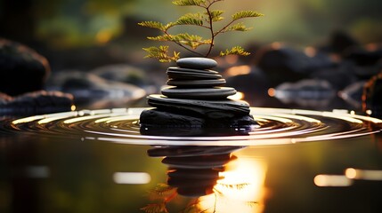 Stacked stones with sprouting green plant on the water in autumn forest, warm light, peaceful zen buddhism influenced atmosphere, Created with Generative AI Technology - obrazy, fototapety, plakaty