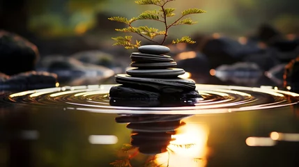 Foto op Aluminium Stacked stones with sprouting green plant on the water in autumn forest, warm light, peaceful zen buddhism influenced atmosphere, Created with Generative AI Technology © MindShiftMasteryHub
