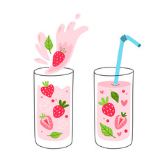 Set of cute milkshakes with strawberries and salty splashes. Vector illustration.