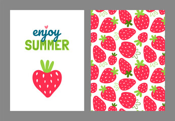 A set of cute cards with strawberries and text. Vector template.