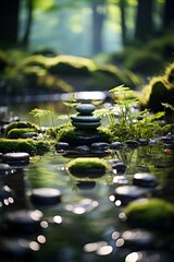 Forest river peaceful nature with stones on moss, calm Zen Buddhism image, perfect for coaches in the field of healing, meditation, mindfulness, yoga, zen, personal development, Generative AI