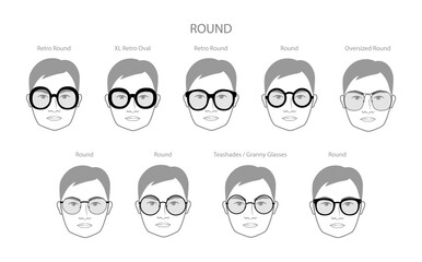 Set of Round frame glasses on men face character fashion accessory illustration. Sunglass front view, unisex silhouette style, flat rim spectacles eyeglasses with lens sketch style outline isolated