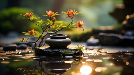 A zen garden with a potted plant on a rock, invoking serenity and mindfulness, created with Generative AI technology - obrazy, fototapety, plakaty