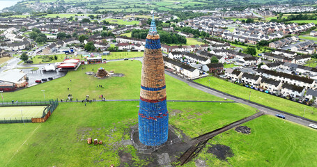 Aerial View of the fully Erected Eleventh Night Bonfire with beacon at Craigyhill Larne N Ireland