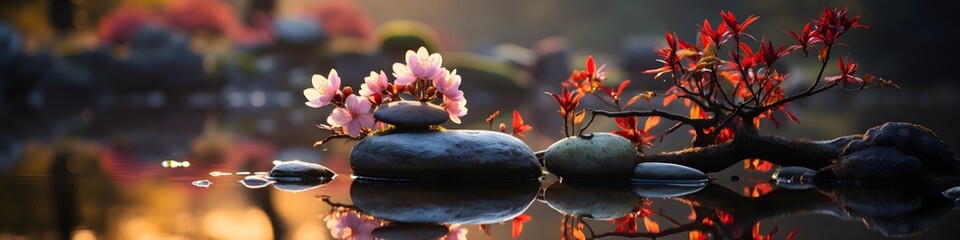 Stacked rocks surrounded by pink flowers and red leaves, on water, symbolizing balance and mindfulness, created with Generative AI technology - obrazy, fototapety, plakaty