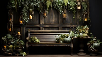 Fototapeta na wymiar Wooden long bench, vines, accents of intricate small autumn tones succulent arrangement, vines, Dark green newborn photography background 8k