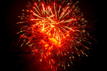 Beautiful red firework at night. Selective focus. 