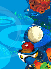 Fototapeta premium Cartoon funny colorful scene of cosmos galactic alien ufo isolated illustration for children