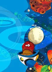 Cartoon funny colorful scene of cosmos galactic alien ufo isolated illustration for children