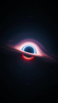Giant black hole in outer space. Vertical 3d animation astrology wide shot. Interstellar wormhole as a dark star with swirling aura of cosmic nebula gas orbiting the singularity at high temperature