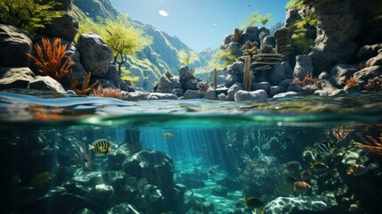 Underwater seascape, sunlight through water surface with coral reef on the ocean floor, natural scene, Pacific ocean, French Polynesia 