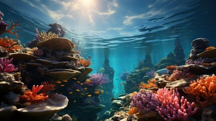 Underwater seascape, sunlight through water surface with coral reef on the ocean floor, natural scene, Pacific ocean, French Polynesia  - obrazy, fototapety, plakaty