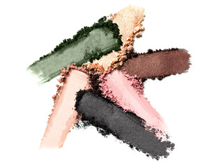 Eyeshadow composition green pink nude gold brown isolated on white background. Cosmetic product swatch