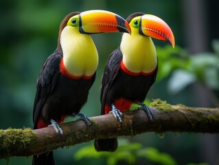 Obraz premium Toucan sitting on the branch in the forest, green vegetation, Costa Rica. Nature travel in central America. Two Keel-billed Toucan, Ramphastos sulfuratus, pair of bird with big bill. Wildlife