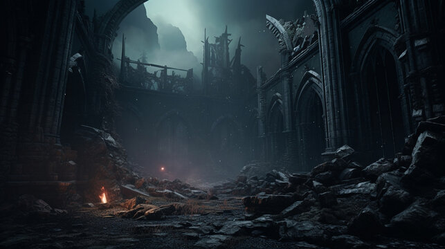 Gloomy Gothic ruins in the style of gloomy fantasy