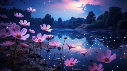 Romantic night scene - Beautiful pink flower blossom in garden with night skies and full moon. cosmos flower in night