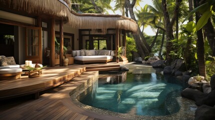 Pool beds and cabana under coconut trees