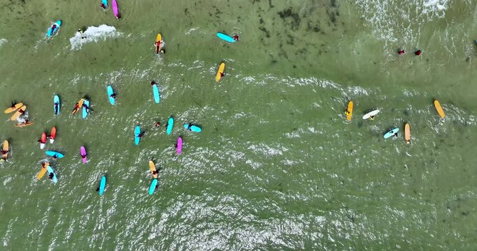Top view of the beach with surfers practising their wave 4k