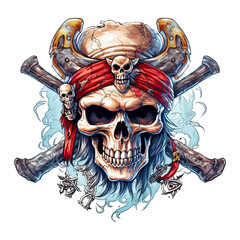 Watercolor pirate skull, tattoo vintage style, danger head. Generative AI