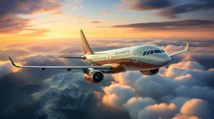 Passengers commercial airplane flying above clouds in sunset light. Concept of fast travel, holidays and business