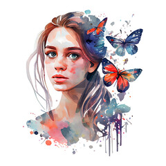 Watercolor portrait of woman, girl and butterflies illustration