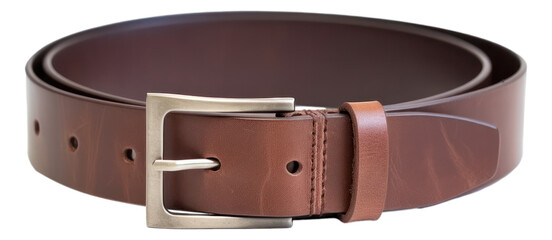 A rolled-up brown leather belt with a metal buckle isolated. - obrazy, fototapety, plakaty