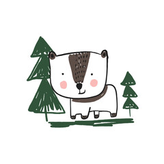Cute sketch hand drawn vector illustration of white and brown bear. Bright cartoon childish funny forest animal for kids print design, textile decoration, greeting cards, print, stickers, logo
