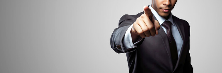 Confident businessman presents a winning idea, commanding attention with a smile and a pointed gesture. The screen showcases technology, promising success for all. Copy space. Generative AI