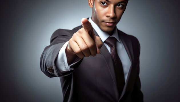 A confident businessman presents a winning idea, commanding attention with a smile and a pointed gesture. The screen showcases technology, promising success for all. Generative AI