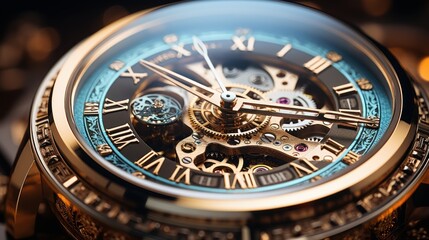 Fototapeta na wymiar Mechanism, clockwork of a watch with jewels, close-up. Vintage luxury background. Time, work concept