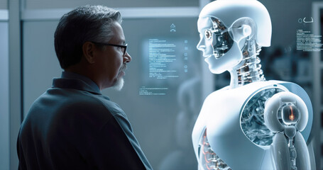 Researcher with artificial intelligence robot in laboratory background to programming code with holographic scan projection. Innovative technology and AI machine learning concept. Generative AI