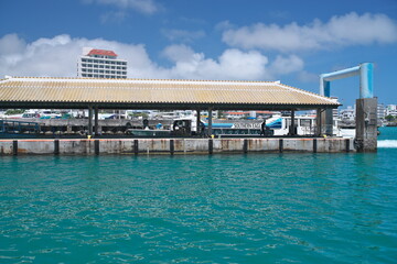 Okinawa,Japan - July 4, 2023: Floating Pier of Ishigaki Ferry Terminal in Ishigaki island, Okinawa, Japan
