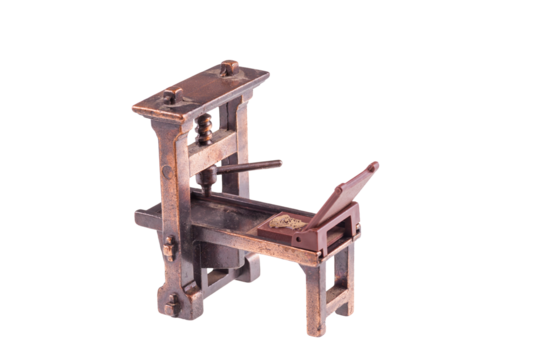 First book printing press by Johannes Gutenberg isolated on transparent or white background..