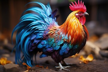 Fototapeta premium Happy animal in natural habitat. Visualize a high-resolution, photorealistic image of a hen. This happy hen is special, its feathers are painted with the colors of the rainbow.