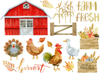 Farm animals, red barn, fence, vegetables and lettering watercolor clipart